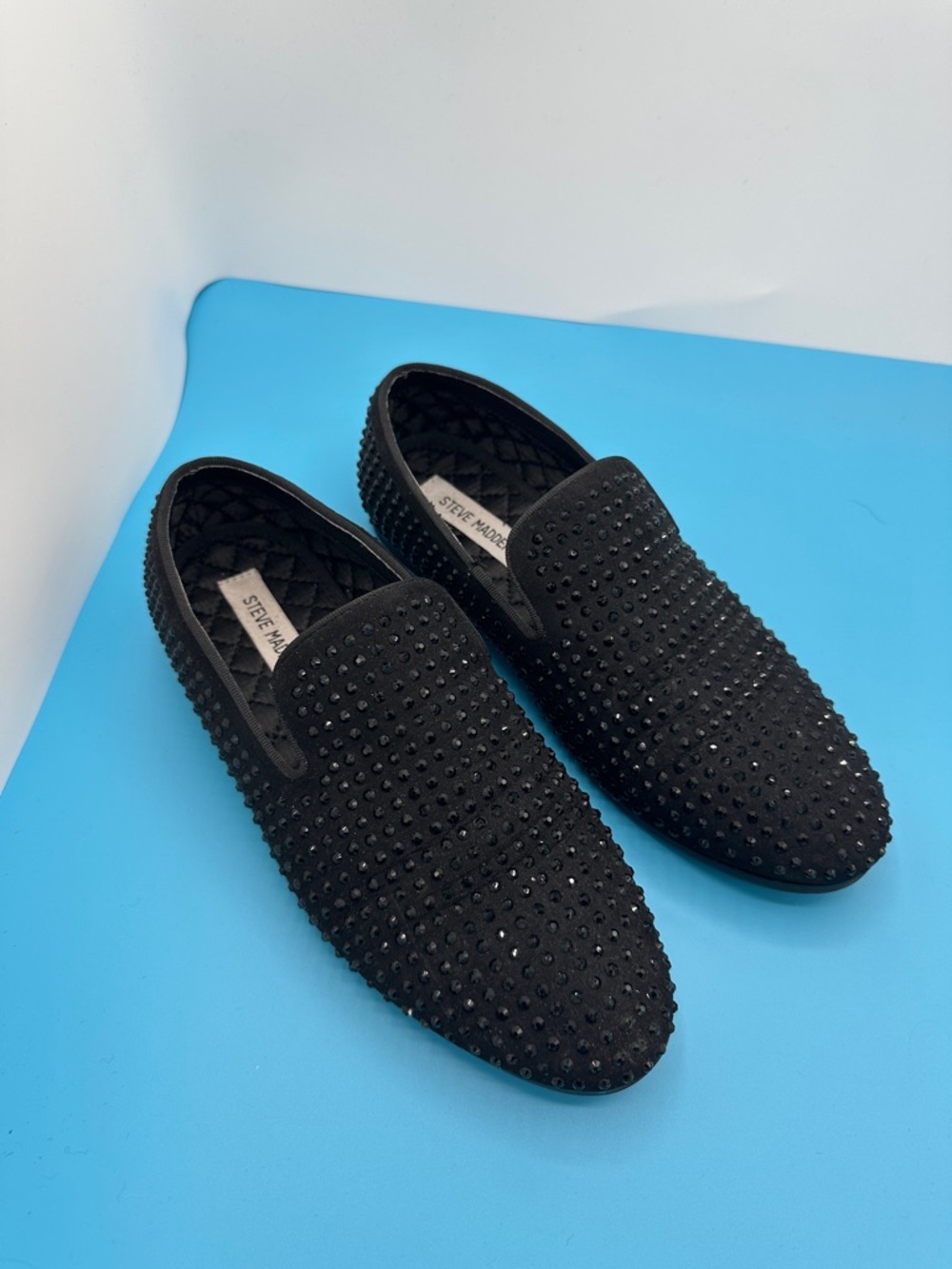Steve Madden Black Studded Suede Slip-On Loafers. DEFECT-Missing 2 gems. NEW!